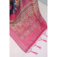 Mayawye Women's Linen Digital Print Saree With Unstitched Blouse 5.5Mtr (Blue)
