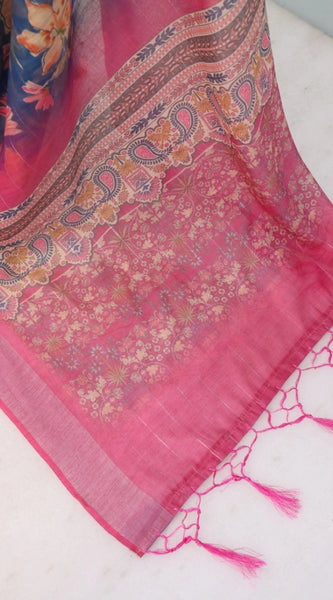 Mayawye Women's Linen Digital Print Saree With Unstitched Blouse 5.5Mtr (Blue)