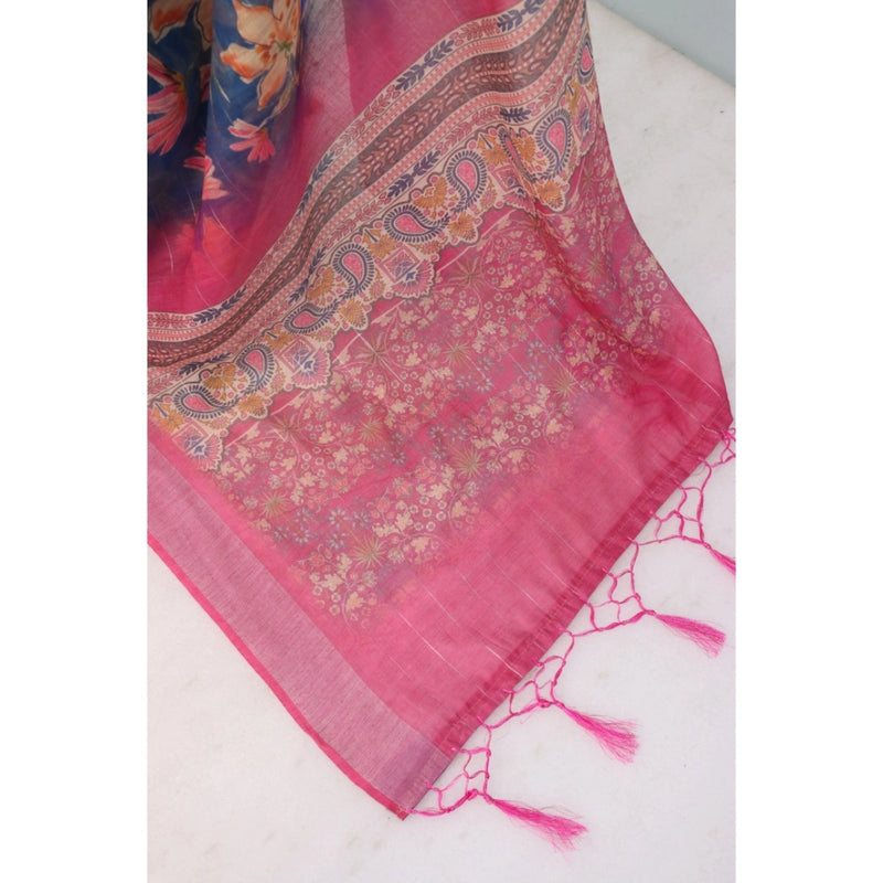 Mayawye Women's Linen Digital Print Saree With Unstitched Blouse 5.5Mtr (Blue)