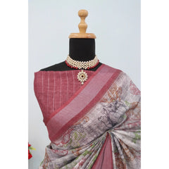 Mayawye Women's Linen Digital Print Saree With Unstitched Blouse 5.5Mtr (Multicolor)