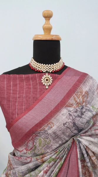Mayawye Women's Linen Digital Print Saree With Unstitched Blouse 5.5Mtr (Multicolor)