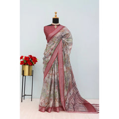 Mayawye Women's Linen Digital Print Saree With Unstitched Blouse 5.5Mtr (Multicolor)