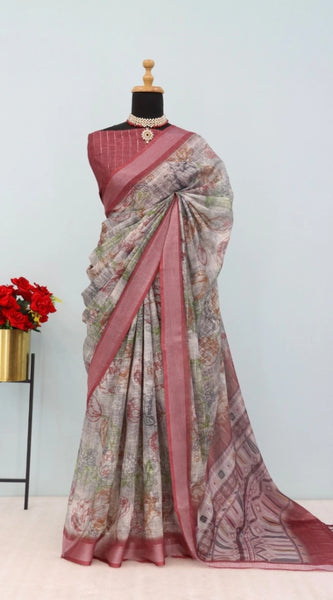 Mayawye Women's Linen Digital Print Saree With Unstitched Blouse 5.5Mtr (Multicolor)