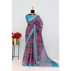 Mayawye Women's Linen Digital Print Saree With Unstitched Blouse 5.5Mtr (Blue)