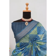 Mayawye Women's Linen Digital Print Saree With Unstitched Blouse 5.5Mtr (Green)