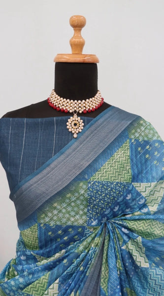 Mayawye Women's Linen Digital Print Saree With Unstitched Blouse 5.5Mtr (Green)