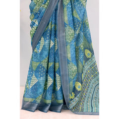 Mayawye Women's Linen Digital Print Saree With Unstitched Blouse 5.5Mtr (Green)