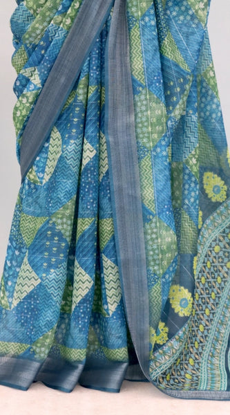 Mayawye Women's Linen Digital Print Saree With Unstitched Blouse 5.5Mtr (Green)