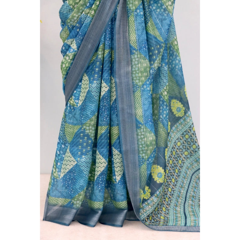 Mayawye Women's Linen Digital Print Saree With Unstitched Blouse 5.5Mtr (Green)