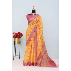 Mayawye Women's Linen Digital Print Saree With Unstitched Blouse 5.5Mtr (Mustard)