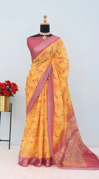Mayawye Women's Linen Digital Print Saree With Unstitched Blouse 5.5Mtr (Mustard)