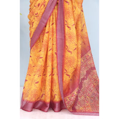 Mayawye Women's Linen Digital Print Saree With Unstitched Blouse 5.5Mtr (Mustard)