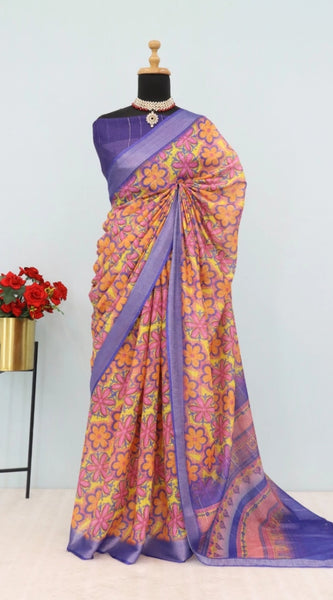 Mayawye Women's Linen Digital Print Saree With Unstitched Blouse 5.5Mtr (Multicolor)