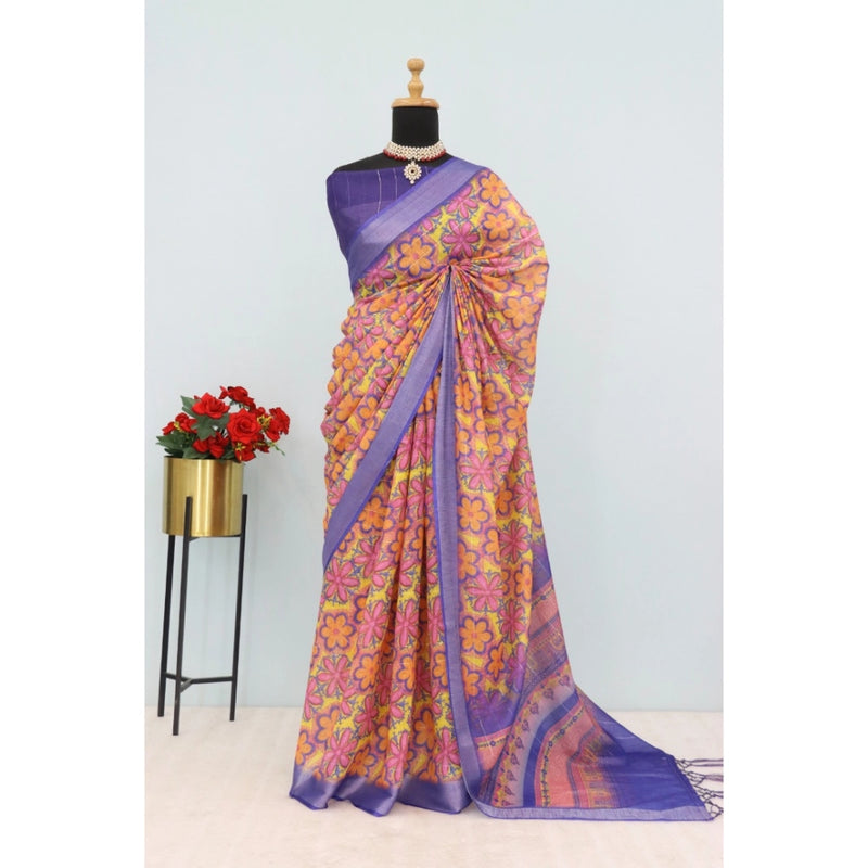 Mayawye Women's Linen Digital Print Saree With Unstitched Blouse 5.5Mtr (Multicolor)