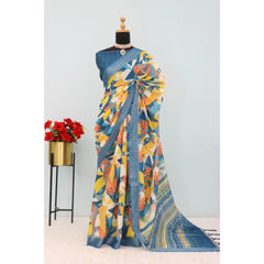 Mayawye Women's Linen Digital Print Saree With Unstitched Blouse 5.5Mtr (Multicolor)