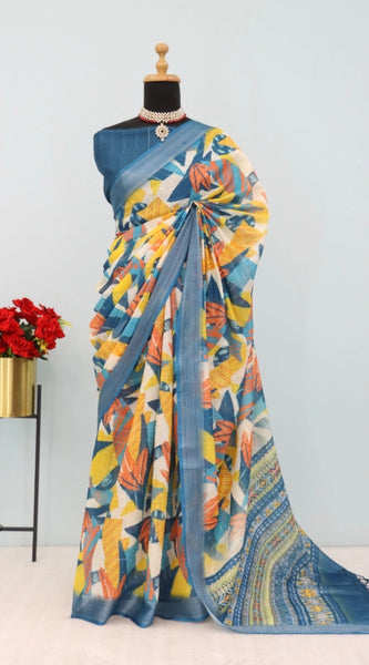 Mayawye Women's Linen Digital Print Saree With Unstitched Blouse 5.5Mtr (Multicolor)