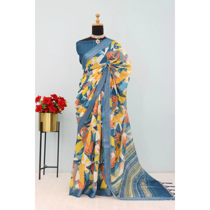 Mayawye Women's Linen Digital Print Saree With Unstitched Blouse 5.5Mtr (Multicolor)