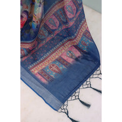 Mayawye Women's Linen Digital Print Saree With Unstitched Blouse 5.5Mtr (Blue)
