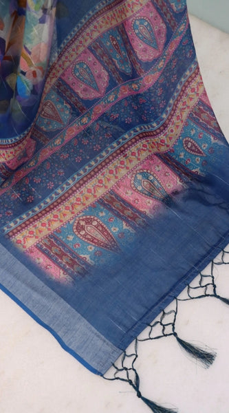 Mayawye Women's Linen Digital Print Saree With Unstitched Blouse 5.5Mtr (Blue)