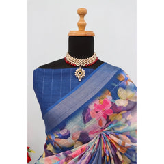 Mayawye Women's Linen Digital Print Saree With Unstitched Blouse 5.5Mtr (Blue)