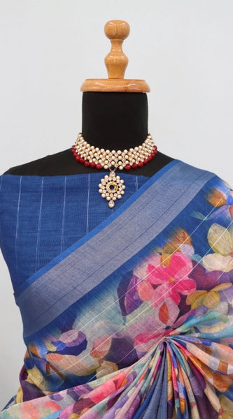 Mayawye Women's Linen Digital Print Saree With Unstitched Blouse 5.5Mtr (Blue)