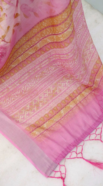 Mayawye Women's Linen Digital Print Saree With Unstitched Blouse 5.5Mtr (Pink)