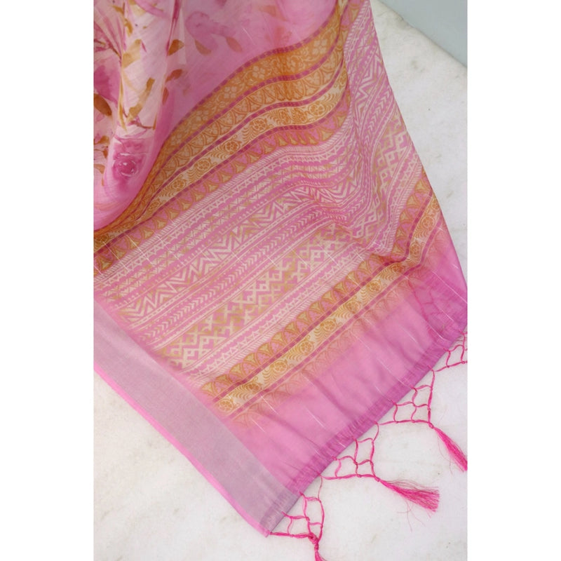 Mayawye Women's Linen Digital Print Saree With Unstitched Blouse 5.5Mtr (Pink)