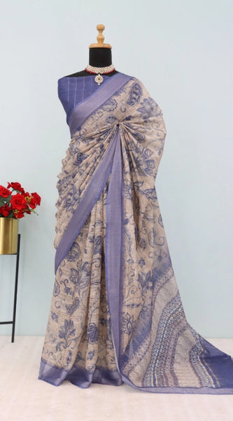 Mayawye Women's Linen Digital Print Saree With Unstitched Blouse 5.5Mtr (Blue)