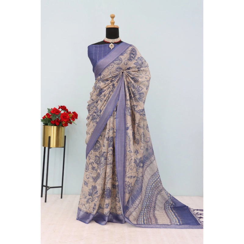 Mayawye Women's Linen Digital Print Saree With Unstitched Blouse 5.5Mtr (Blue)