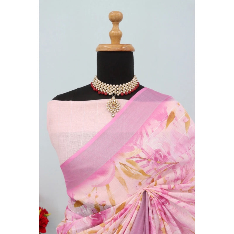 Mayawye Women's Linen Digital Print Saree With Unstitched Blouse 5.5Mtr (Pink)