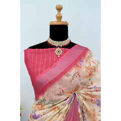 Mayawye Women's Linen Digital Print Saree With Unstitched Blouse 5.5Mtr (Pink)