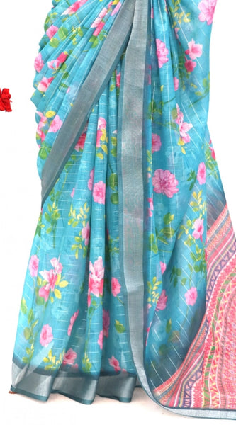 Mayawye Women's Linen Digital Print Saree With Unstitched Blouse 5.5Mtr (Green)