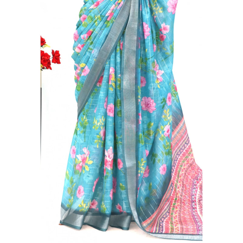 Mayawye Women's Linen Digital Print Saree With Unstitched Blouse 5.5Mtr (Green)