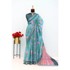 Mayawye Women's Linen Digital Print Saree With Unstitched Blouse 5.5Mtr (Green)