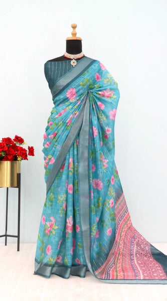 Mayawye Women's Linen Digital Print Saree With Unstitched Blouse 5.5Mtr (Green)