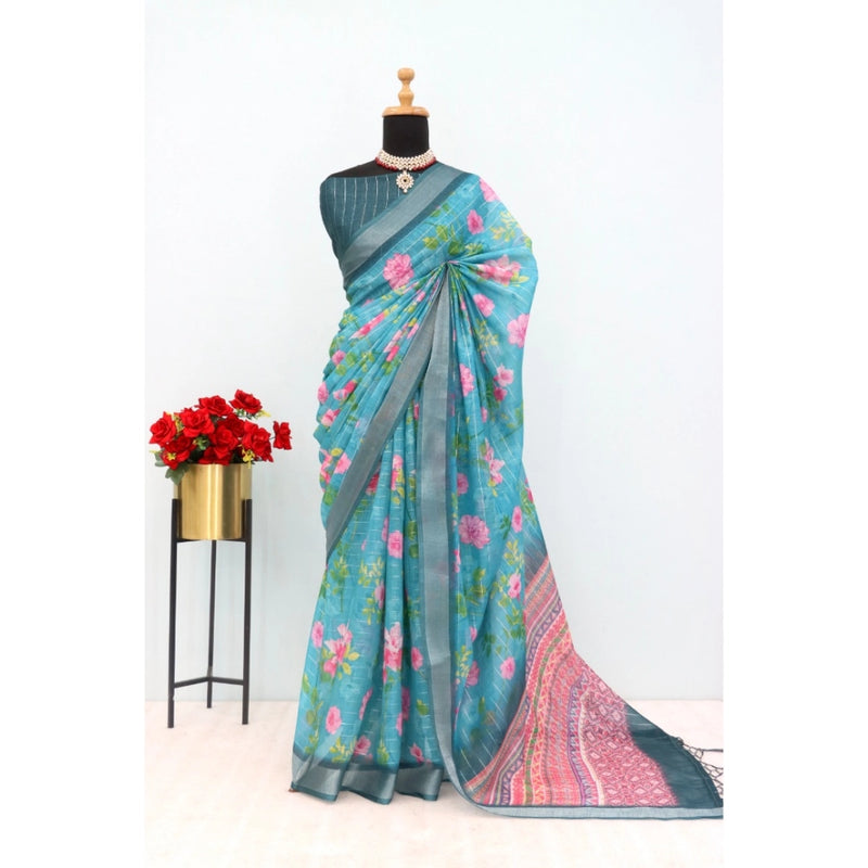 Mayawye Women's Linen Digital Print Saree With Unstitched Blouse 5.5Mtr (Green)