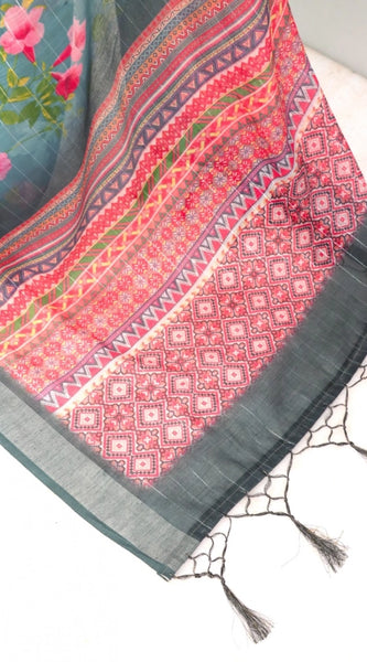 Mayawye Women's Linen Digital Print Saree With Unstitched Blouse 5.5Mtr (Green)