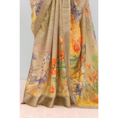 Mayawye Women's Linen Digital Print Saree With Unstitched Blouse 5.5Mtr (Multicolor)