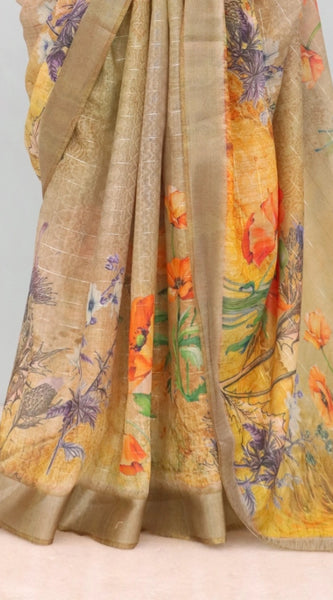 Mayawye Women's Linen Digital Print Saree With Unstitched Blouse 5.5Mtr (Multicolor)
