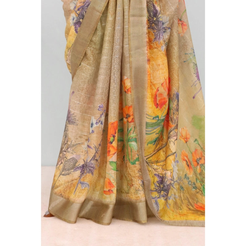Mayawye Women's Linen Digital Print Saree With Unstitched Blouse 5.5Mtr (Multicolor)