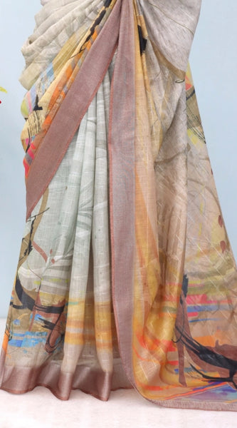 Mayawye Women's Linen Digital Print Saree With Unstitched Blouse 5.5Mtr (Multicolor)