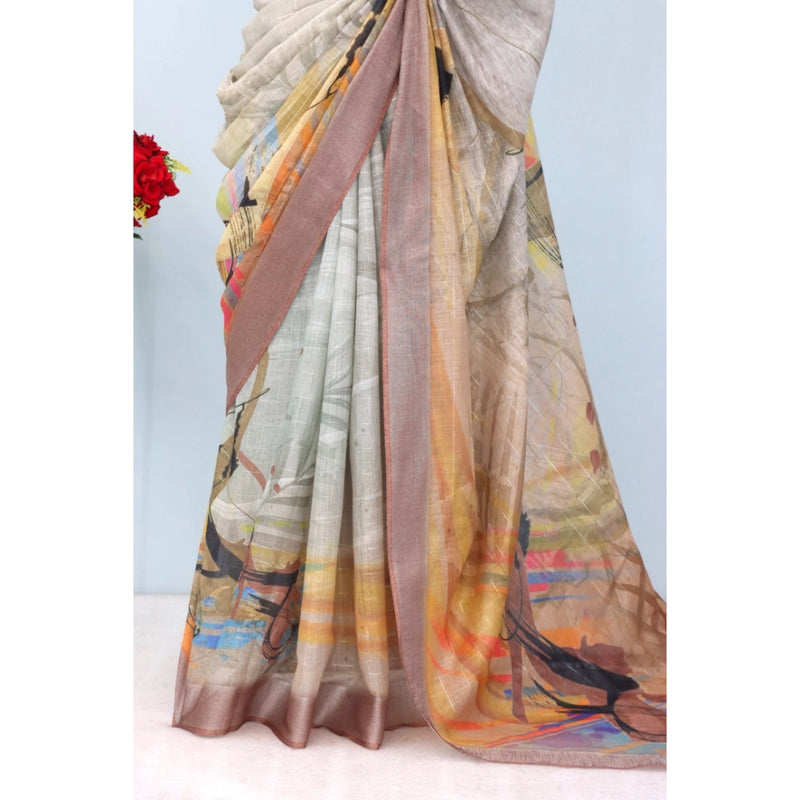 Mayawye Women's Linen Digital Print Saree With Unstitched Blouse 5.5Mtr (Multicolor)