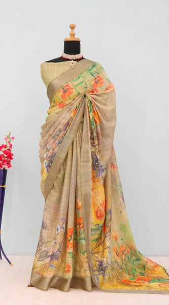 Mayawye Women's Linen Digital Print Saree With Unstitched Blouse 5.5Mtr (Multicolor)