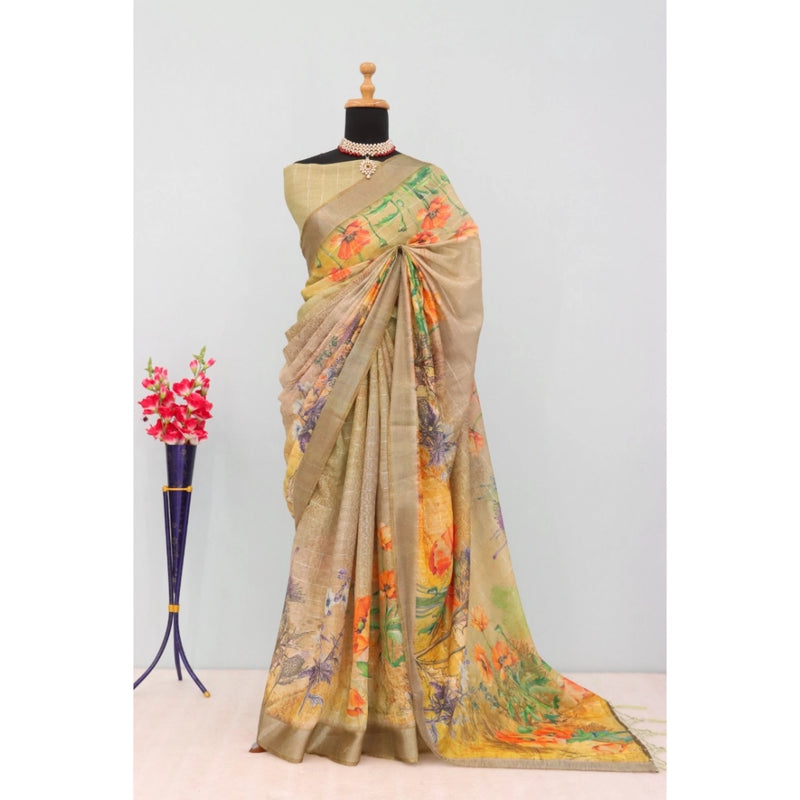 Mayawye Women's Linen Digital Print Saree With Unstitched Blouse 5.5Mtr (Multicolor)