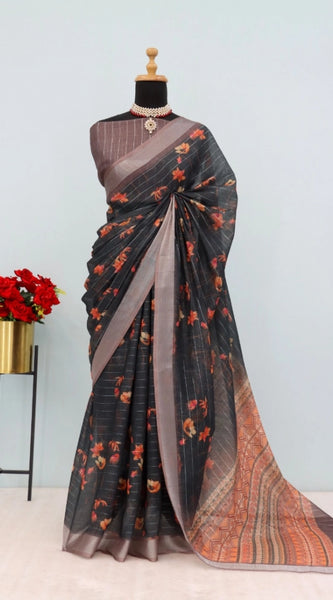 Mayawye Women's Linen Digital Print Saree With Unstitched Blouse 5.5Mtr (Black)