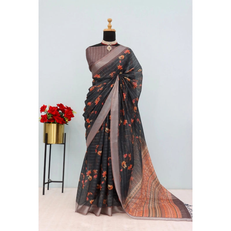 Mayawye Women's Linen Digital Print Saree With Unstitched Blouse 5.5Mtr (Black)
