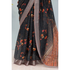 Mayawye Women's Linen Digital Print Saree With Unstitched Blouse 5.5Mtr (Black)