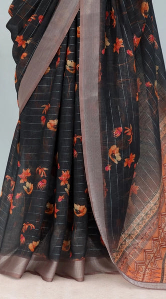 Mayawye Women's Linen Digital Print Saree With Unstitched Blouse 5.5Mtr (Black)