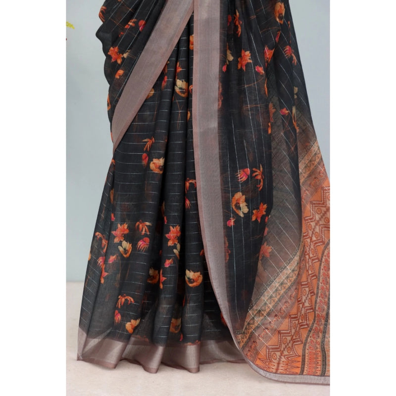 Mayawye Women's Linen Digital Print Saree With Unstitched Blouse 5.5Mtr (Black)