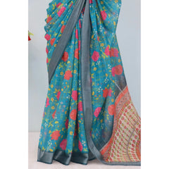Mayawye Women's Linen Digital Print Saree With Unstitched Blouse 5.5Mtr (Green)
